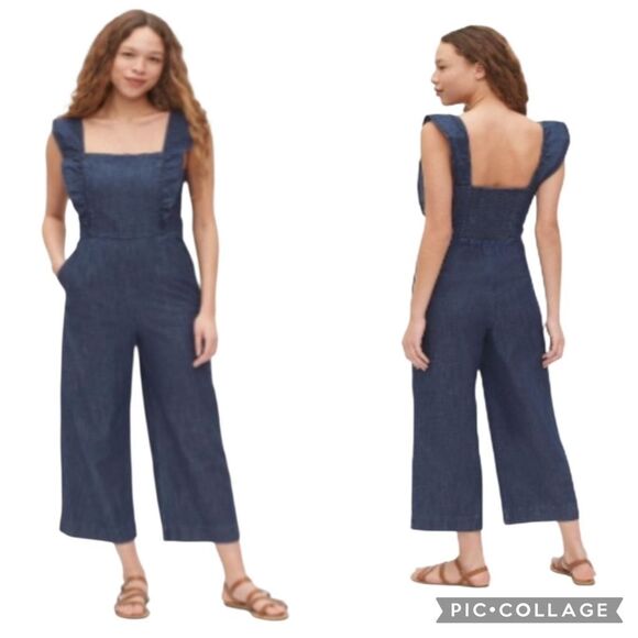 GAP Ruffle Apron Jumpsuit Women’s Size 10 P Chopped Wide Legs Blue Denim Pockets - Picture 1 of 8